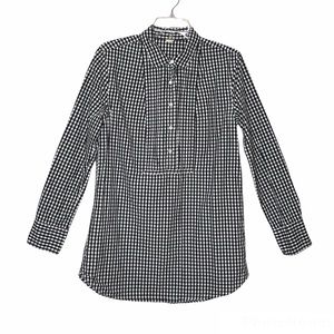 J. CREW | Gingham Checkered Pleated Front Tunic Top Blouse Black White Collar